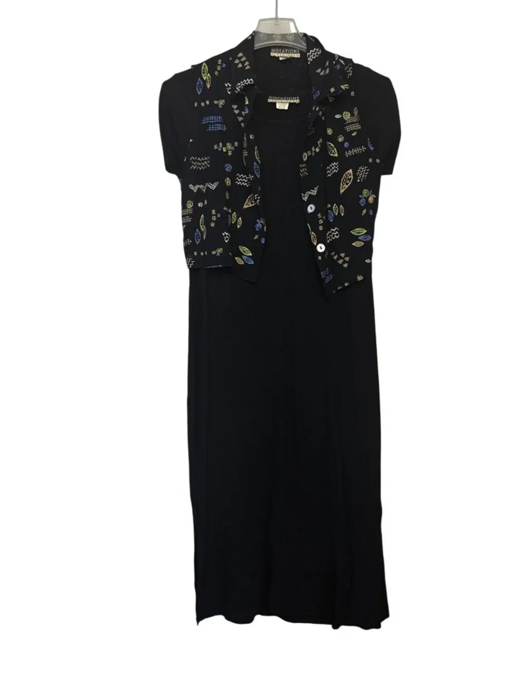 Notations Womens Black Midi Dress With Patterned Button Down Vest Size M - Picture 7 of 14